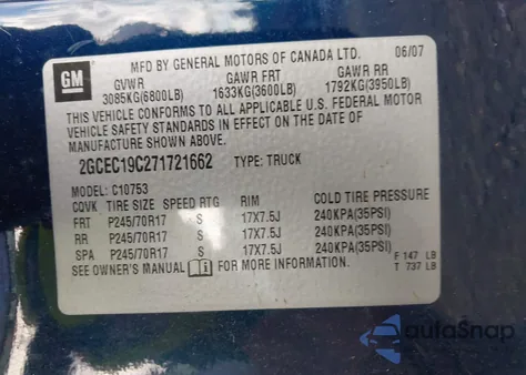2007 Chevrolet Silverado 1500 Lt1 from USA, damaged, VIN 2GCEC19C271721662